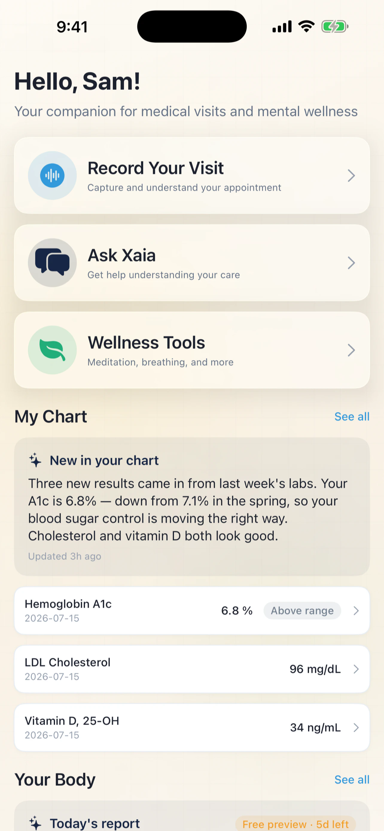 Xaia Advocate welcome screen with quick actions and plain-language chart results