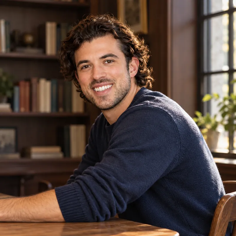 Gabe Zetter seated in a wood-paneled library