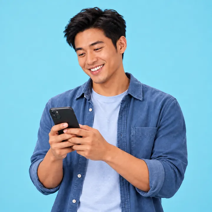 A smiling patient checking his phone