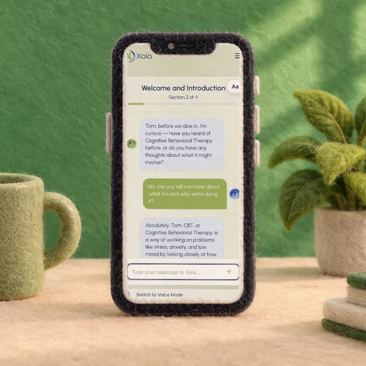 A phone showing a patient’s check-in conversation with Xaia between visits