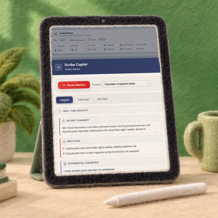 A tablet showing Scribe Copilot with a live patient summary, red flags, and differential diagnosis