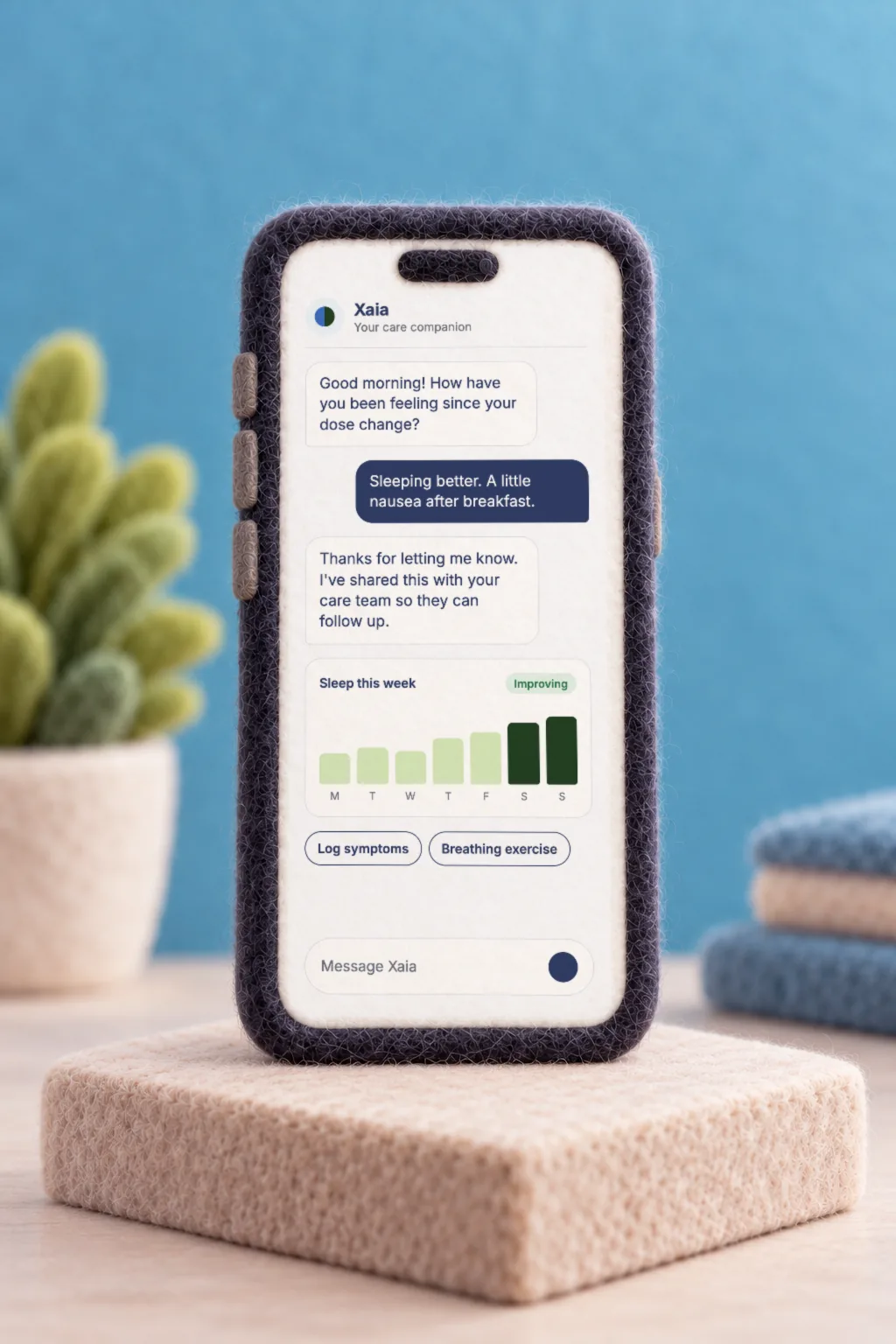 A phone showing a patient check-in conversation with Xaia and a week of improving sleep
