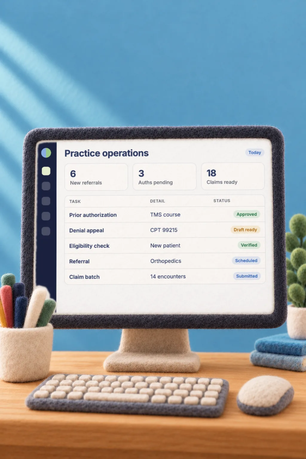 A desktop monitor showing a practice operations worklist of authorizations, appeals, eligibility checks, and referrals